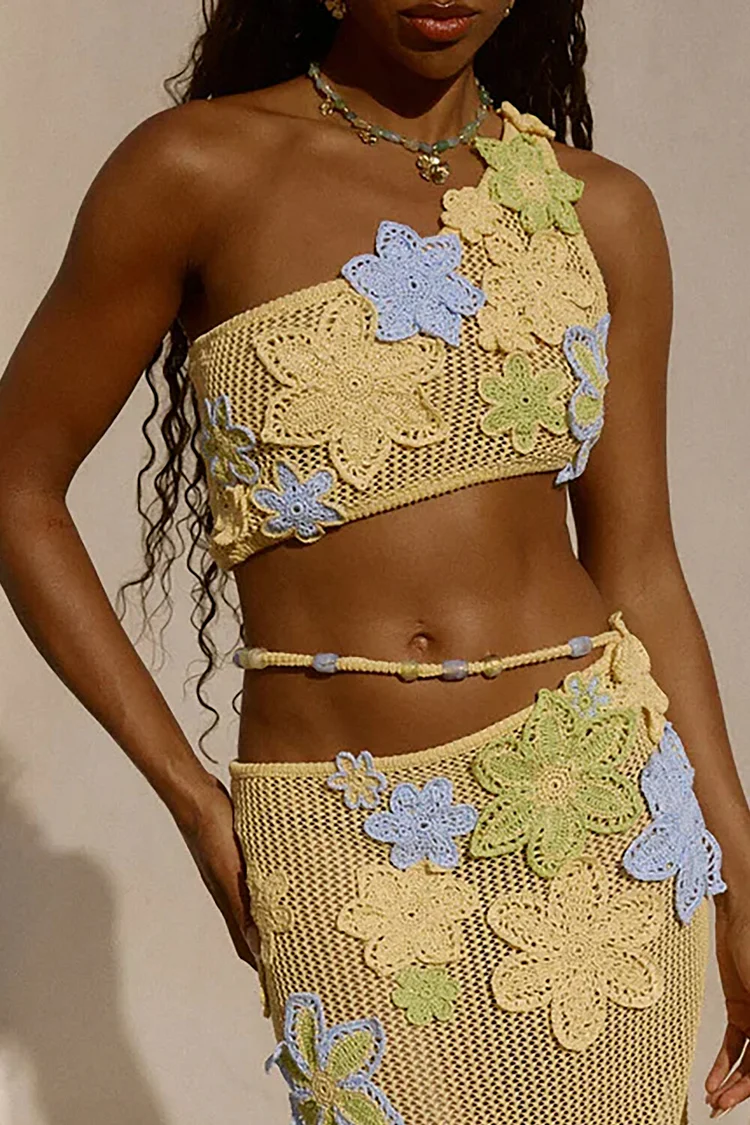 Knit Floral Applique One Shoulder Crop Top Maxi Skirt 2pcs Set-Yellow