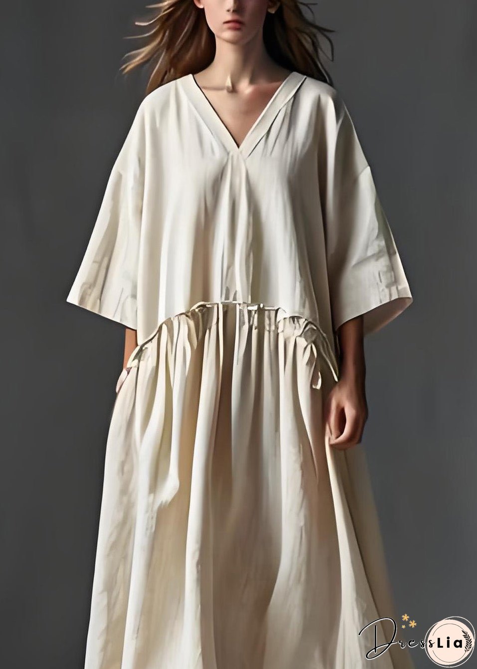 Italian Beige V Neck Wrinkled Patchwork Linen Long Dress Summer