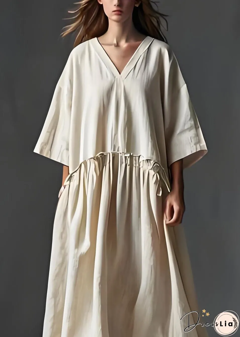 Italian Beige V Neck Wrinkled Patchwork Linen Long Dress Summer