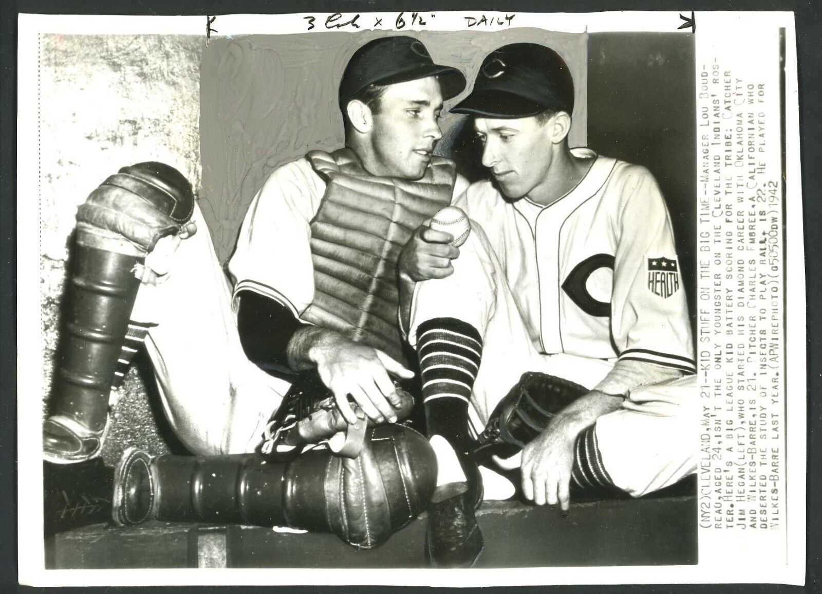 Jim Hegan & Charles Red Embree 1942 Press Photo Poster painting Cleveland Indians