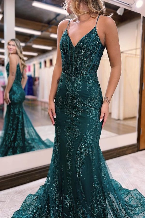 Modern Spaghetti Straps Mermaid Split Prom Dress Appliques With Beadings | Ballbellas Ballbellas