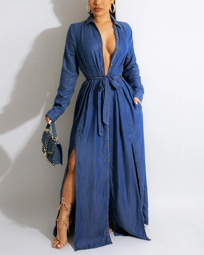 Casual high slit denim dress