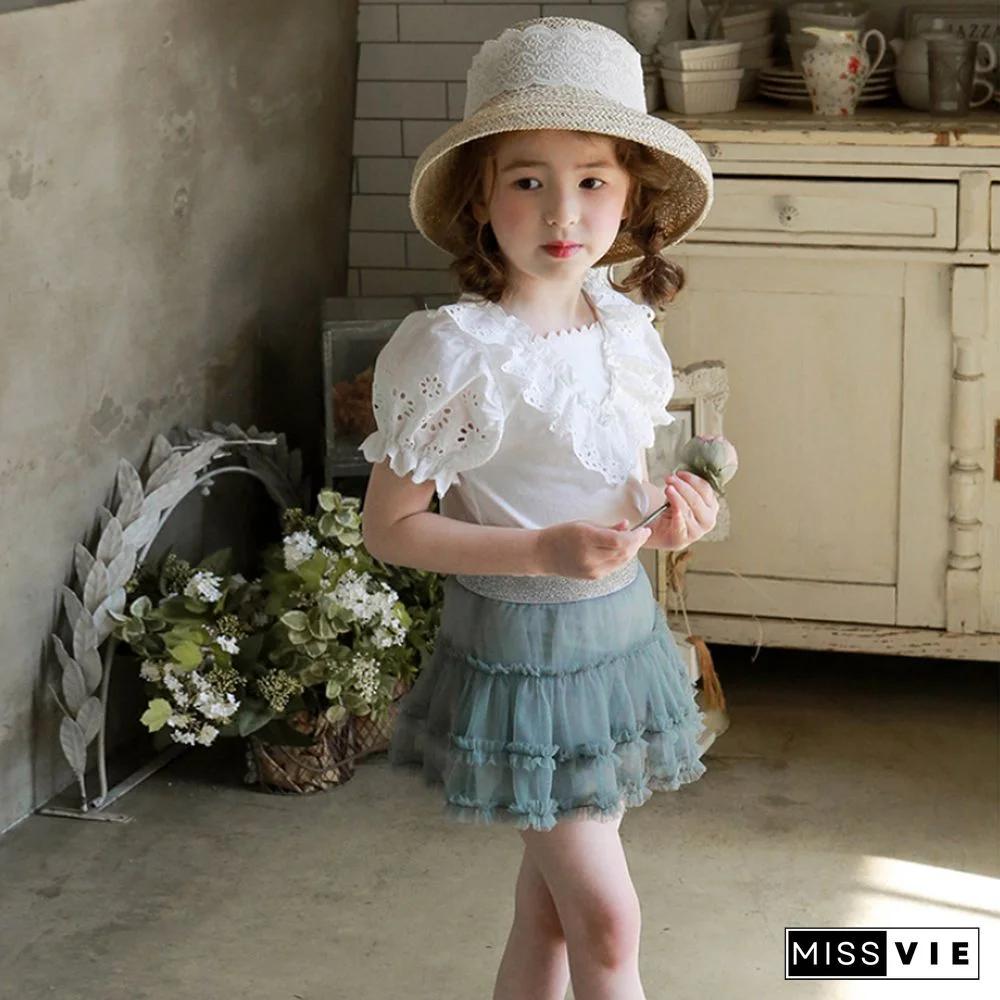 Summer Children's Clothing Solid Color Small And Medium-Sized Girls Triangular Lace Collar Short Sleeve Bubble Sleeve T-Shirt