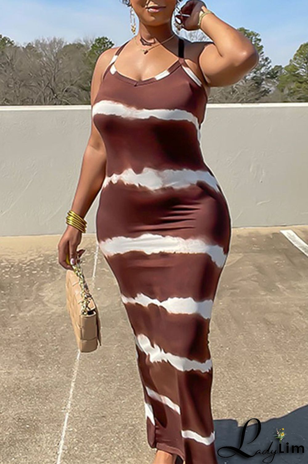 Coffee Fashion Print Backless Spaghetti Strap Long Dress