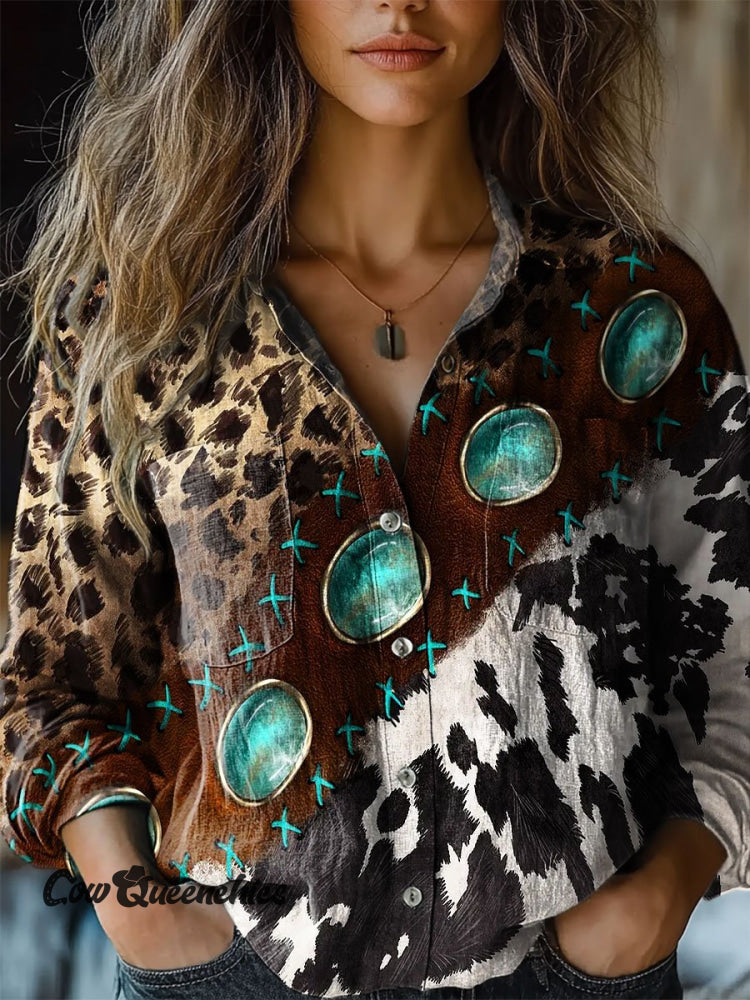 Women’s Western Cow Print Art Casual Long Sleeve Comfortable Cotton Shirt Multicolor / S