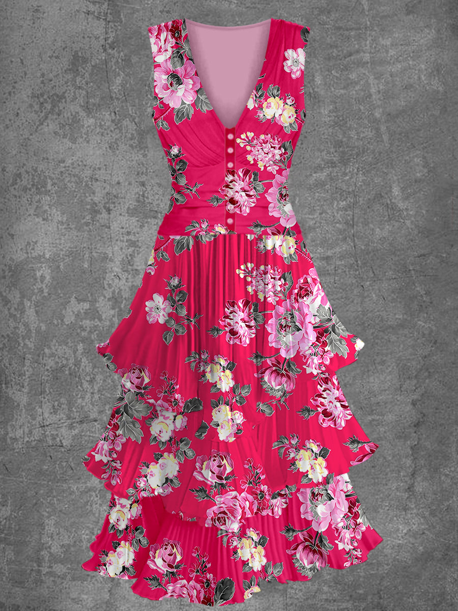 Red Floral Print Sleeveless V-Neck Button Up Retro Midi Dress