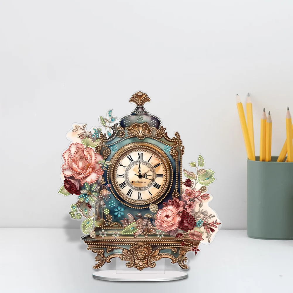 DIY Vintage Flowers Acrylic Special Shaped 5D Diamond Painting Clock Art Craft
