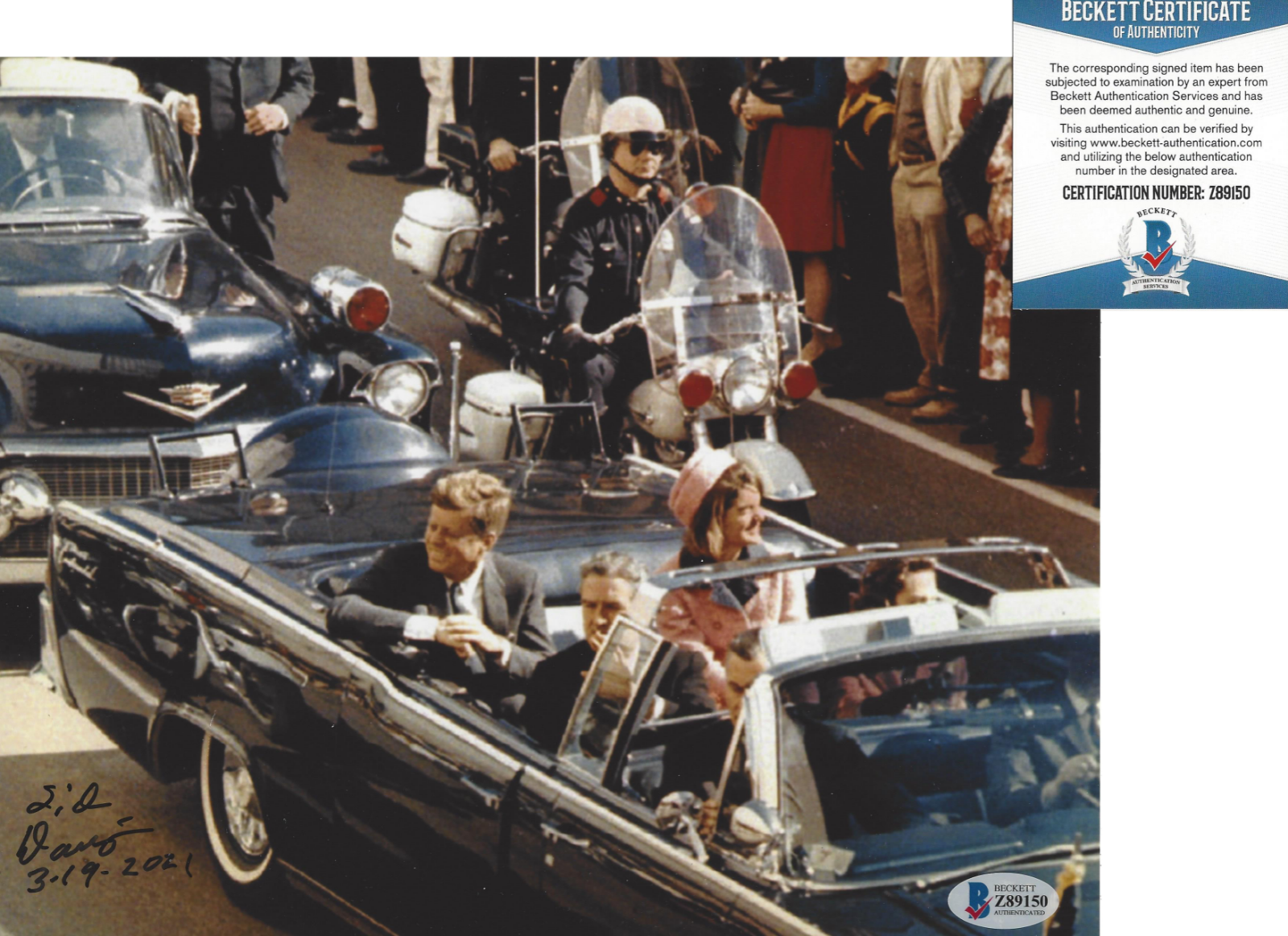 SID DAVIS SIGNED 8x10 Photo Poster painting JFK JOHN F KENNEDY ASSASSINATION LBJ WITNESS COA BAS