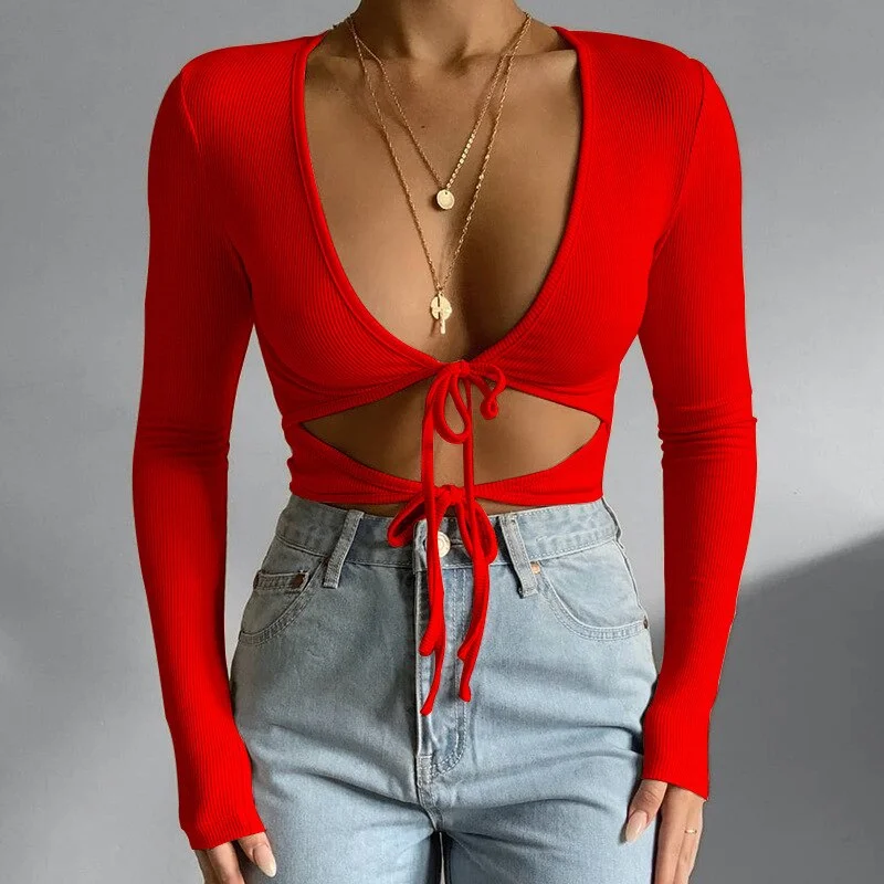 Cryptographic Bandage V-Neck Tie Front Top Women Long Sleeve Fall 2020 Ribbed Knit Sexy Tops Shirts Women's Clothing Streetwear