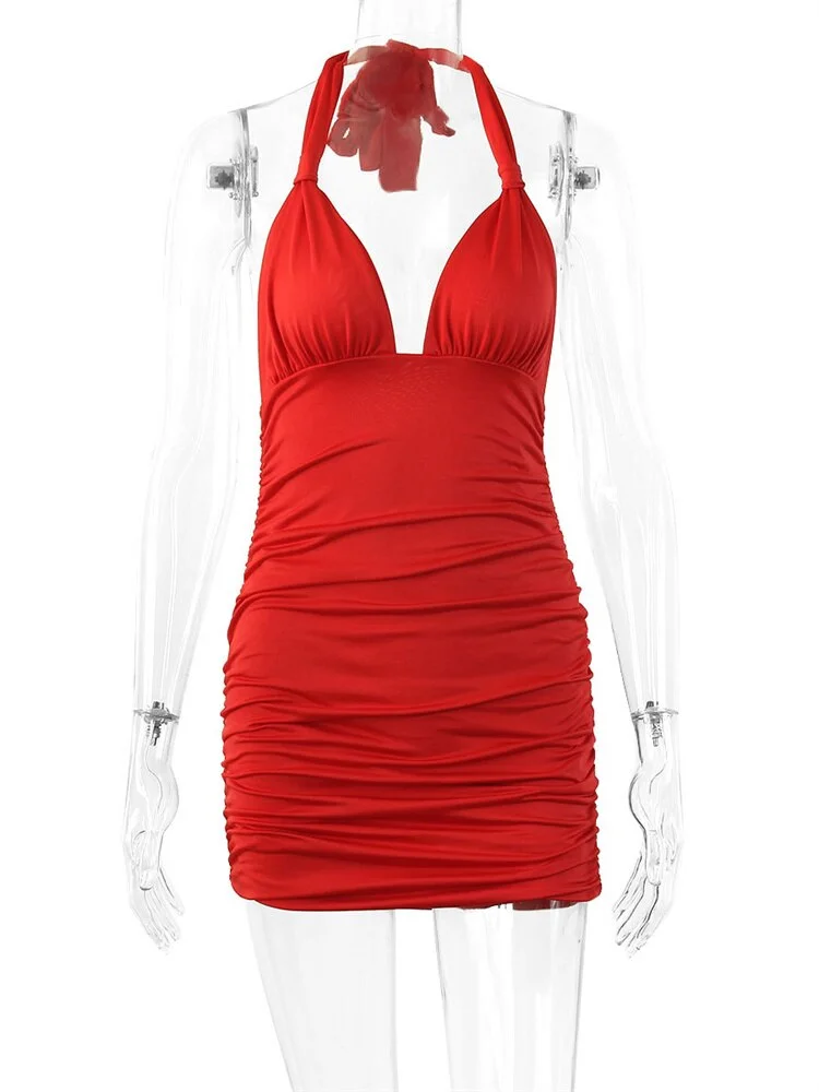 Women Halter Off Shoulder Bodycon Dress Deep V Neck Backless Sleeveless Solid Color Ruched Pencil Dresses Vestidos