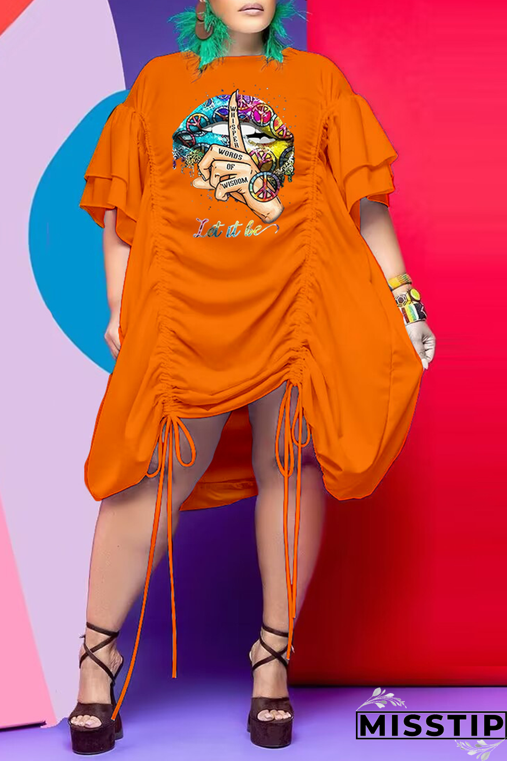 Orange Casual Lips Printed Draw String O Neck Straight Plus Size Dresses
