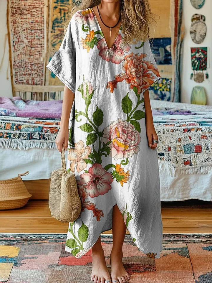Women's Vintage Flower Art Print V-Neck Cotton Short Sleeve Dress
