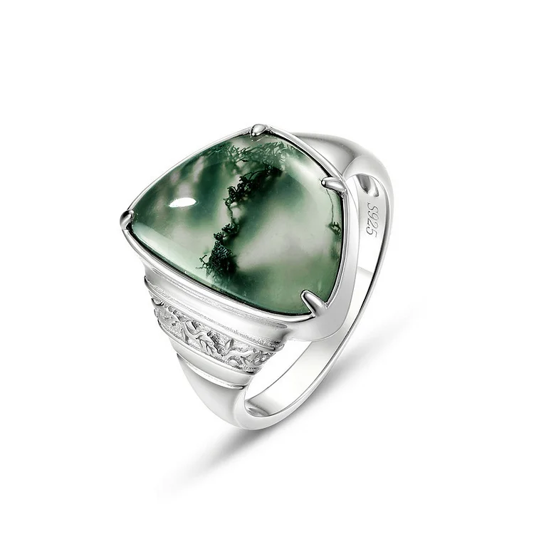 Emerald Cut Green Moss Aquatic Agate Engagement Ring