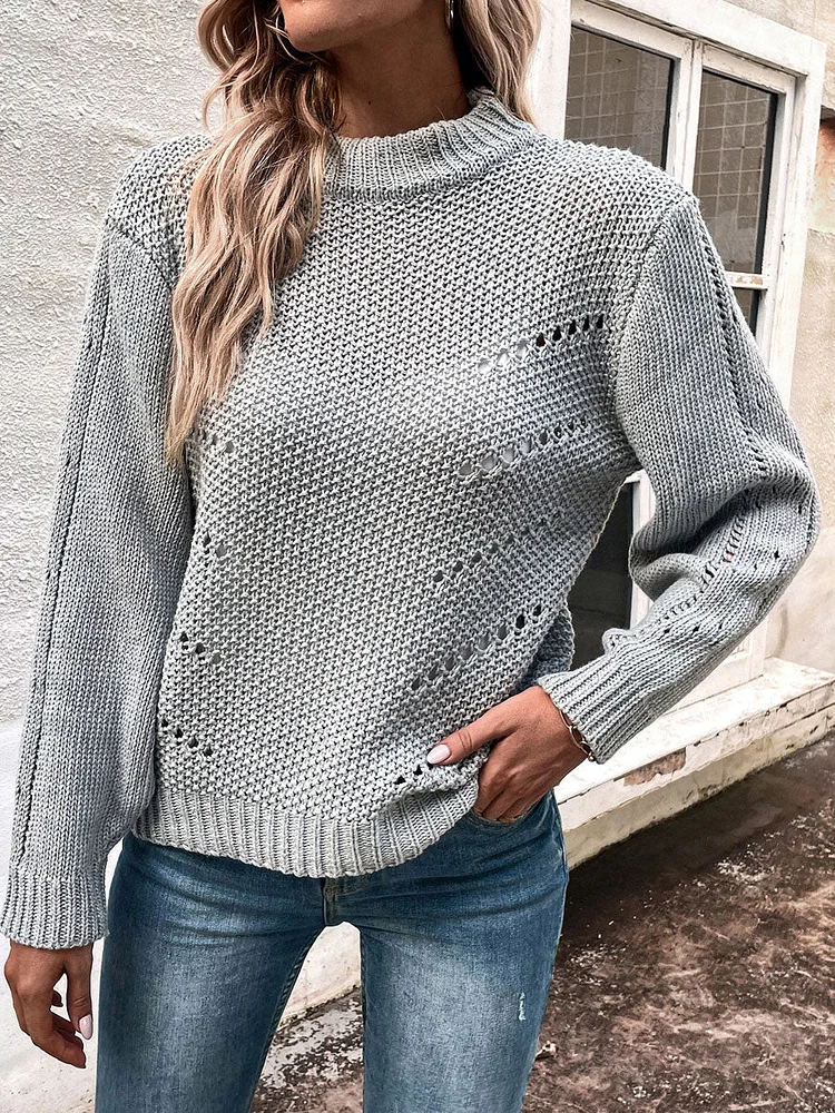 Casual Loose Solid Color Hollow Knitted Pullover socialshop