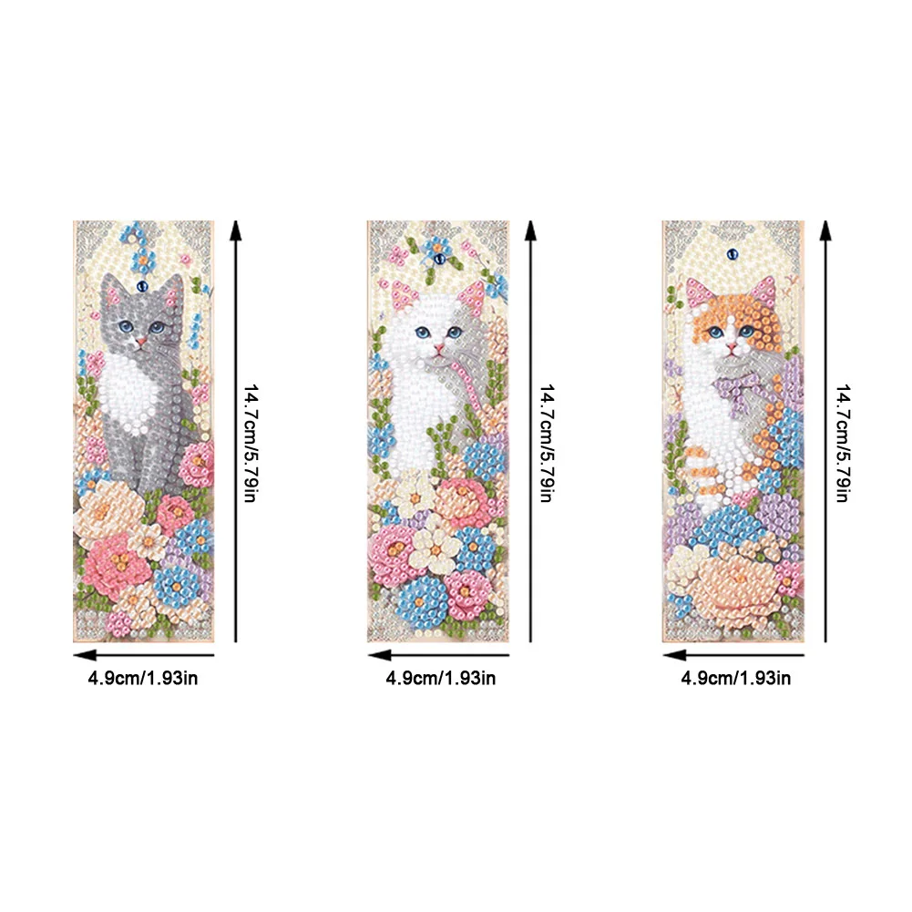 3Pcs DIY Cat Flower Special Shape DIY Diamond Painting Bookmarks Kits