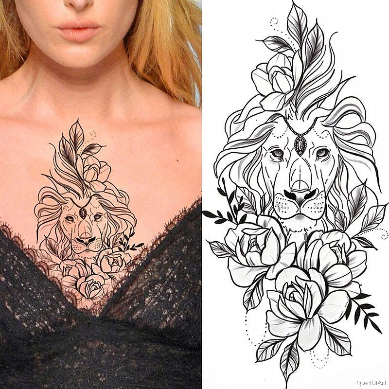 Black Sexy Flower Temporary Tattoos Sticker Arm Sleeve Rose Tree Skull Lion Bear Snake Henna Body Decorate Fake 3D Women Totem