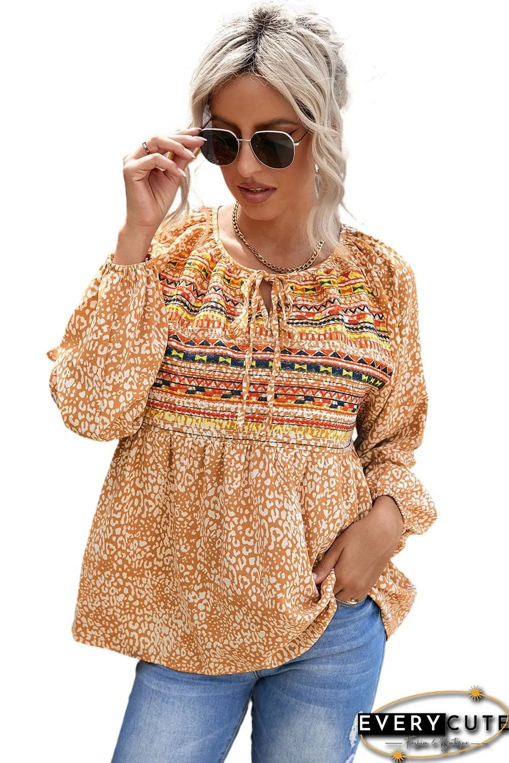 Leopard Patch Drawstring Long Puff Sleeve Blouse