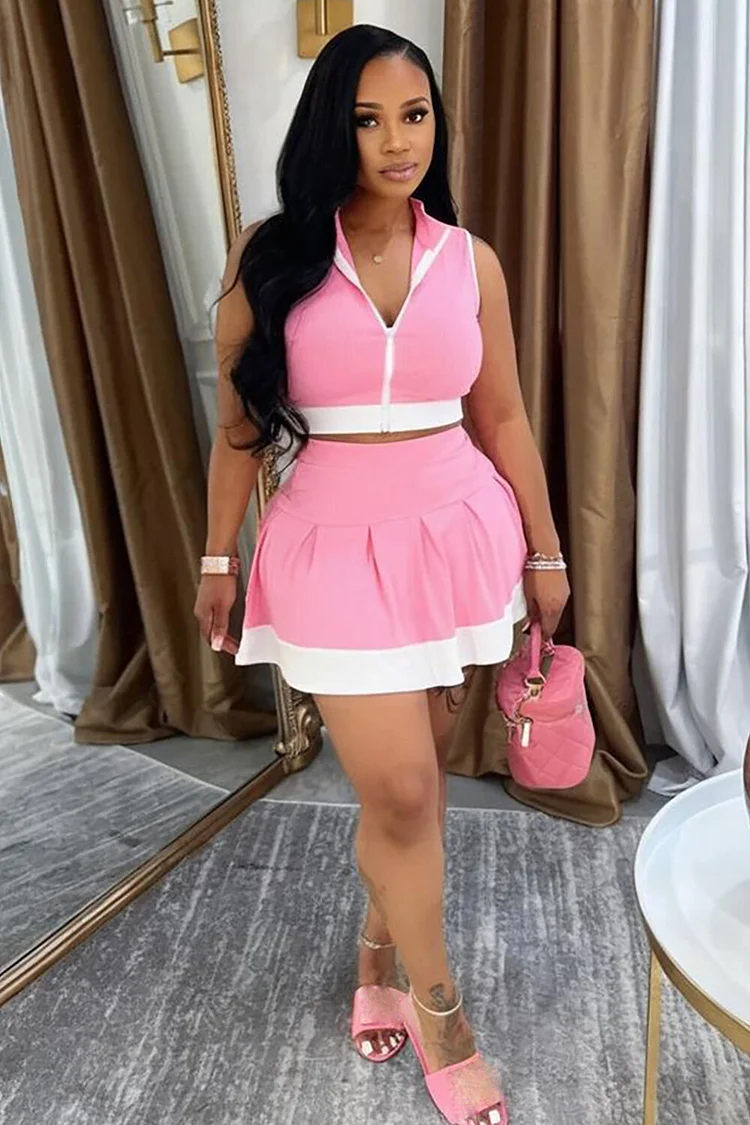 Colorblock Trim Sleeveless Crop Top A-Line Mini Skirt 2pcs Set-White
