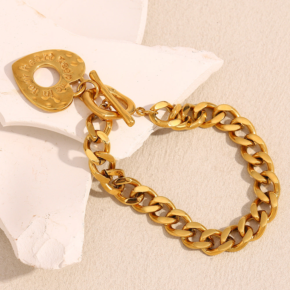 Niche Design High-End Jewelry Stainless Steel 18K Gold-Plated Cuban Chain Love Pendant Bracelet For Women