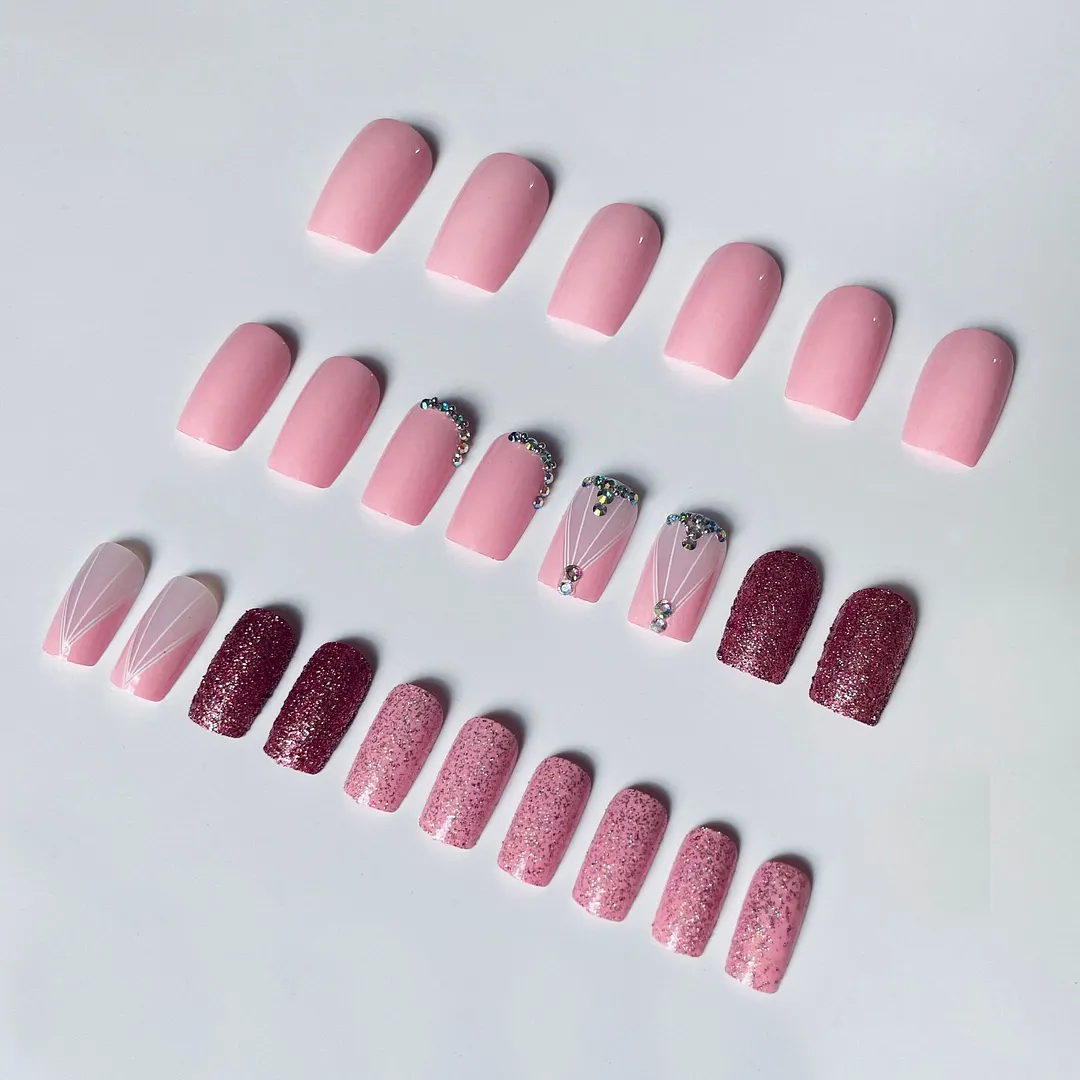 Churchf A Simple Pink Flash Powder Line Exquisite Diamond Ins Wind Nail Patch Fake Nail Patch