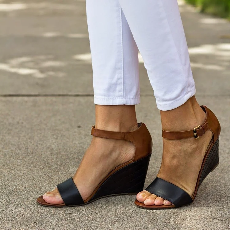 Black and Brown Ankle Strap Wedge Sandals |FSJ Shoes