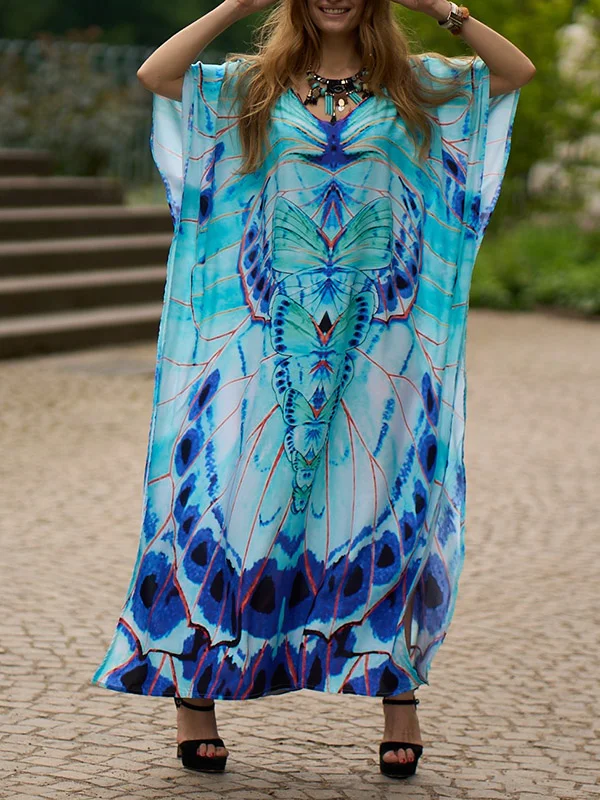 Split-side Butterfly Print Short Sleeves Loose V-neck Maxi Dresses Beach Cover-Up