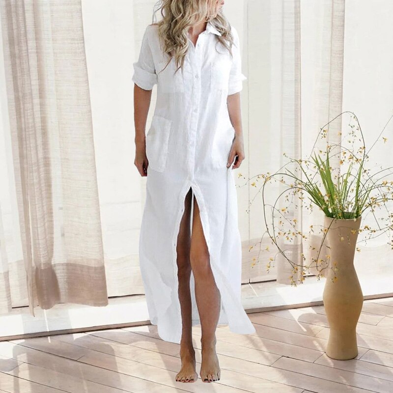 Teepublicz New Spring Turn-down Collar Long Shirts Dress Women Single Breasted Cotton Linen Dress Autumn Long Sleeve Solid Party Maxi Dress