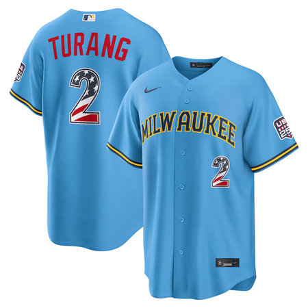 Youth Milwaukee Brewers #2 Brice Turang Nike Light Blue USA 250 Fourth of July Road Stadium Jersey