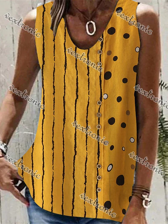 Women Sleeveless V-neck Button Striped Polka Dot Top