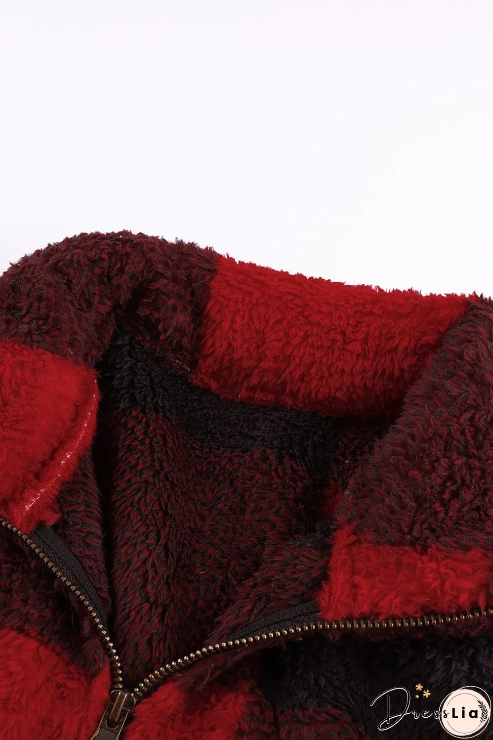 Women's Winter Red Plaid Zip Collar Plush Pullover Sweatshirt