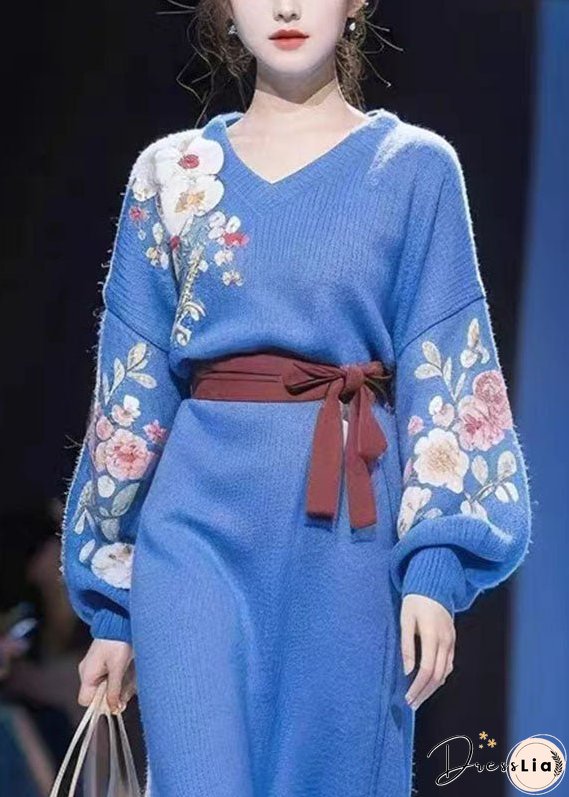 Modern Blue V Neck Print Tie Waist Cotton Knit Long Sweater Dress Winter