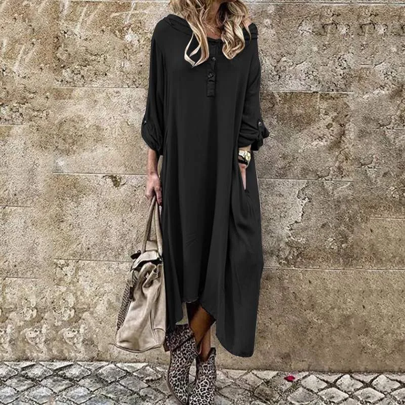 Vintage Solid Shirt Dress Women's Autumn Hooded Sundress 2022 ZANZEA Casual Midi Vestidos Female Button Solid Robe