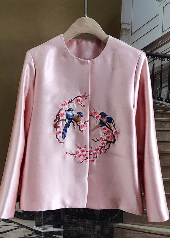 Fine Pink O-Neck Embroideried Patchwork Silk Coat Spring