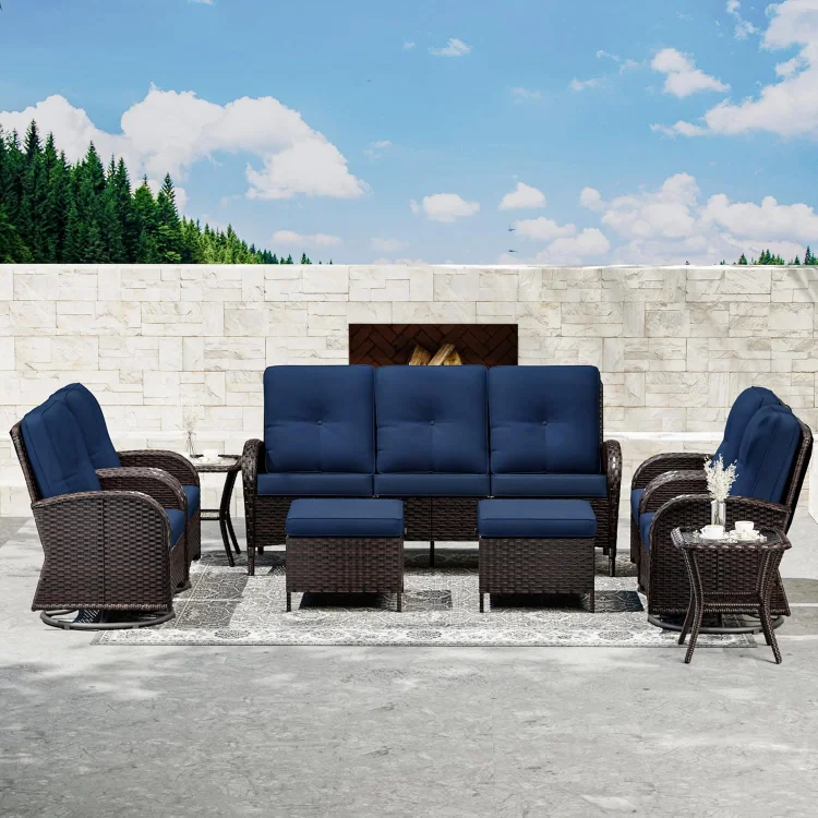 9 Piece Patio Furniture Set, Outdoor Wicker Conversation Sets with Swivel Rocker Chairs and Sofa, Thick Cushion, Rattan Patio Sectional for Porch, Deck Use