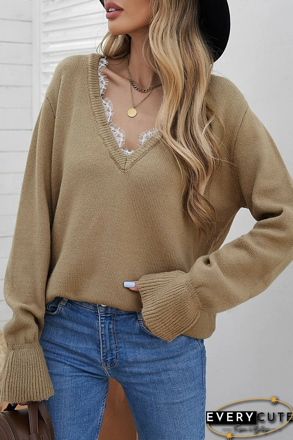 Khaki Eyelash V Neck Knitted Sweater