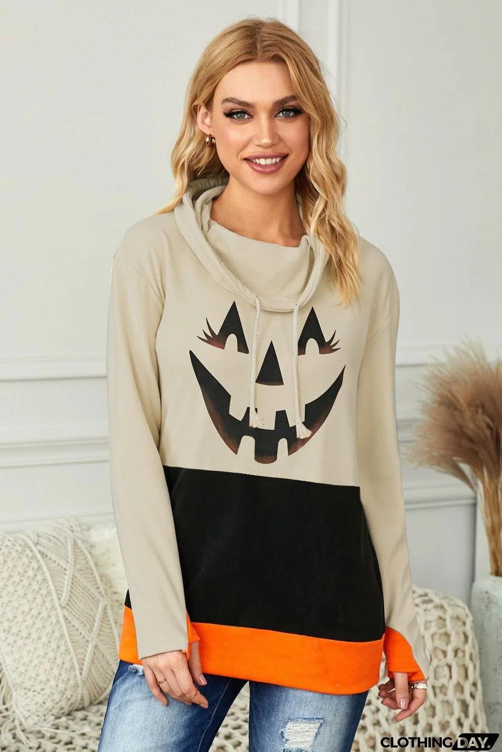 Cute Black Cowl Neck Pumpkin Print Color Block Halloween Sweatshirt
