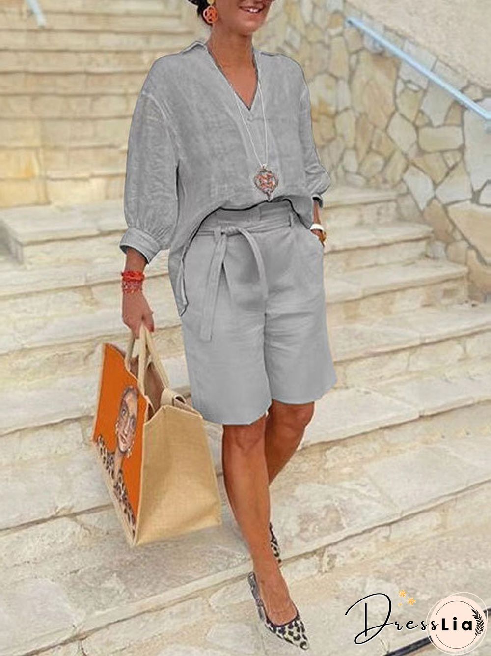 Women'S Sets Loose Lapel Shirt & Pocket Shorts Two Piece Set