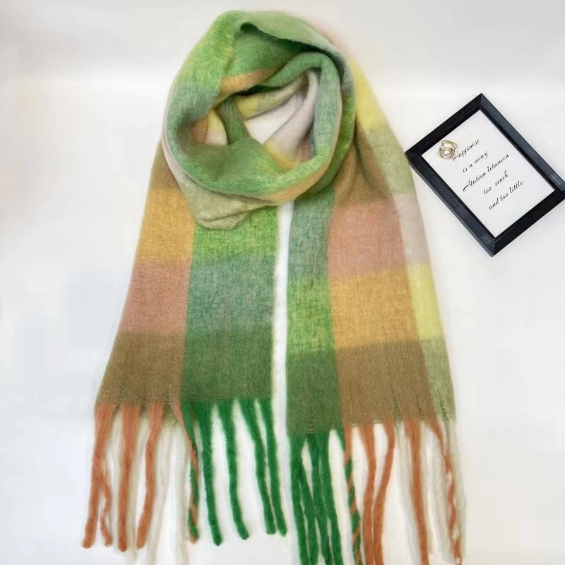 Rainbow Plaid Tassel Scarf For Women Autumn And Winter Famous Color Matching Cashmere Mohair Shawl Thickened Scarf