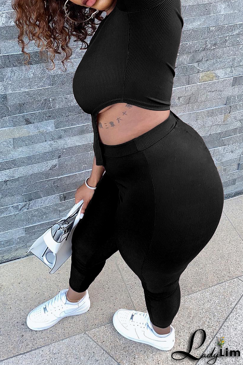 Black Sexy Solid Split Joint One Shoulder Three Quarter Two Pieces