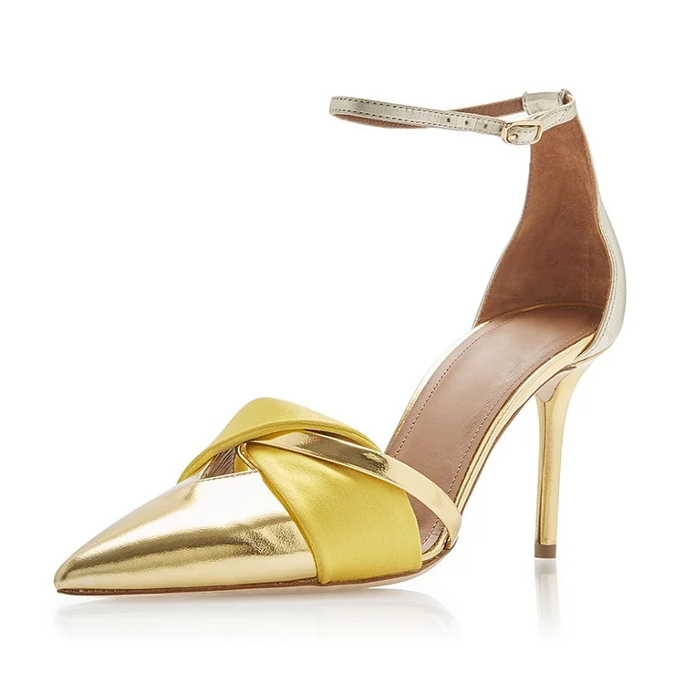 Gold Satin Ankle Strap Heels Pumps |FSJ Shoes