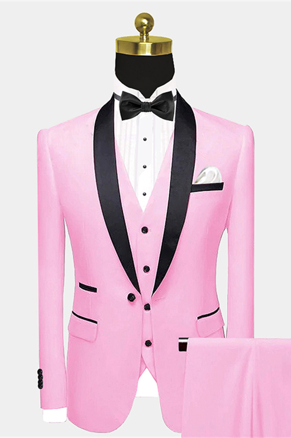 Dresseswow Fabulous Chic Reception Suit For Groom Candy Pink Black With Satin Shawl Lapel Tuxedo