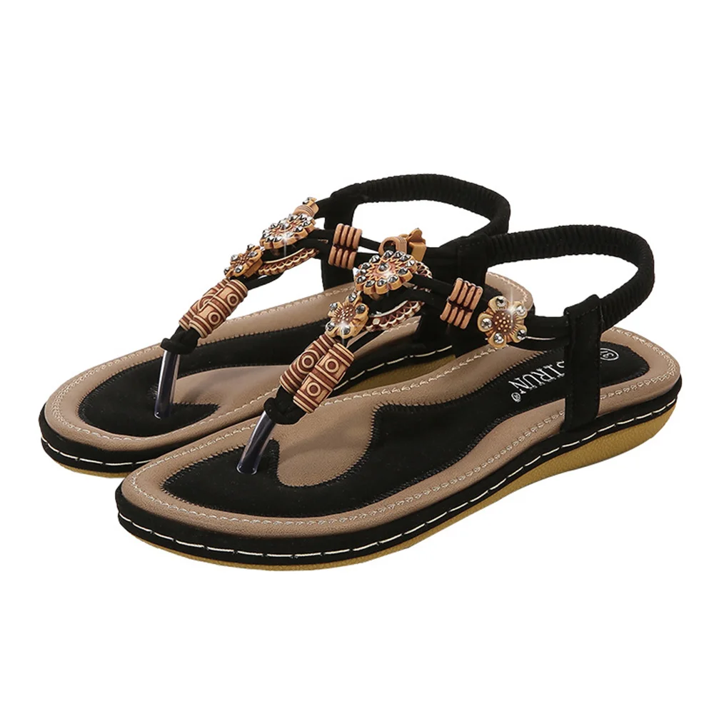 Smiledeer Summer new ethnic style wooden bead woven flat sandals shoes
