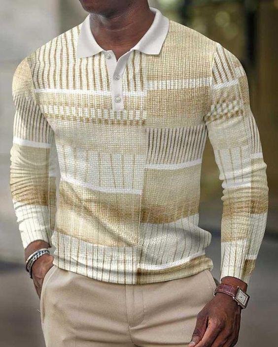 Men's Casual Print Panel Long Sleeve Polo Shirt