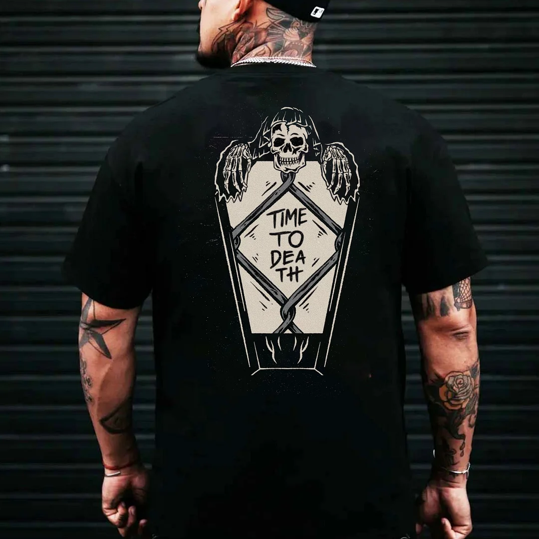 TIME TO DEATH Skeleton Black Print T-Shirt