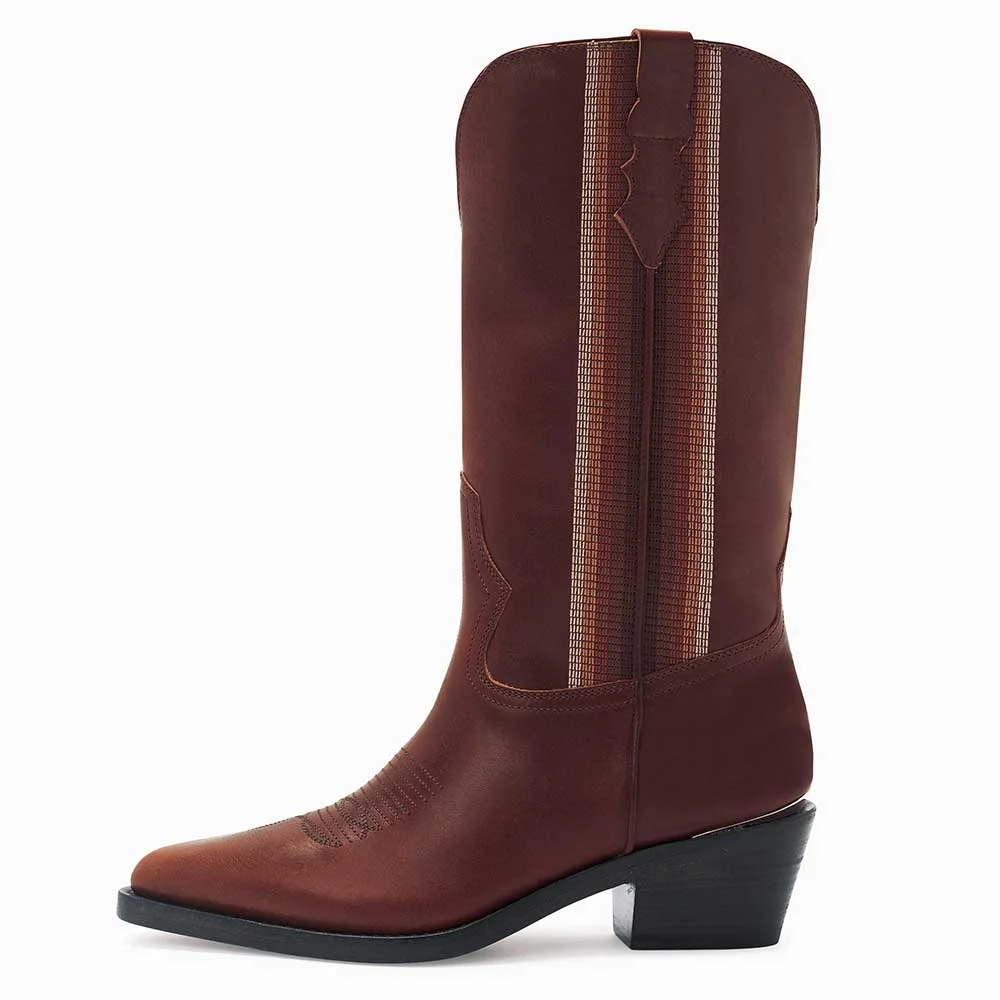 Maroon Pointed Toe Chunky Heel Cowgirl Boots with Ombre Stitching