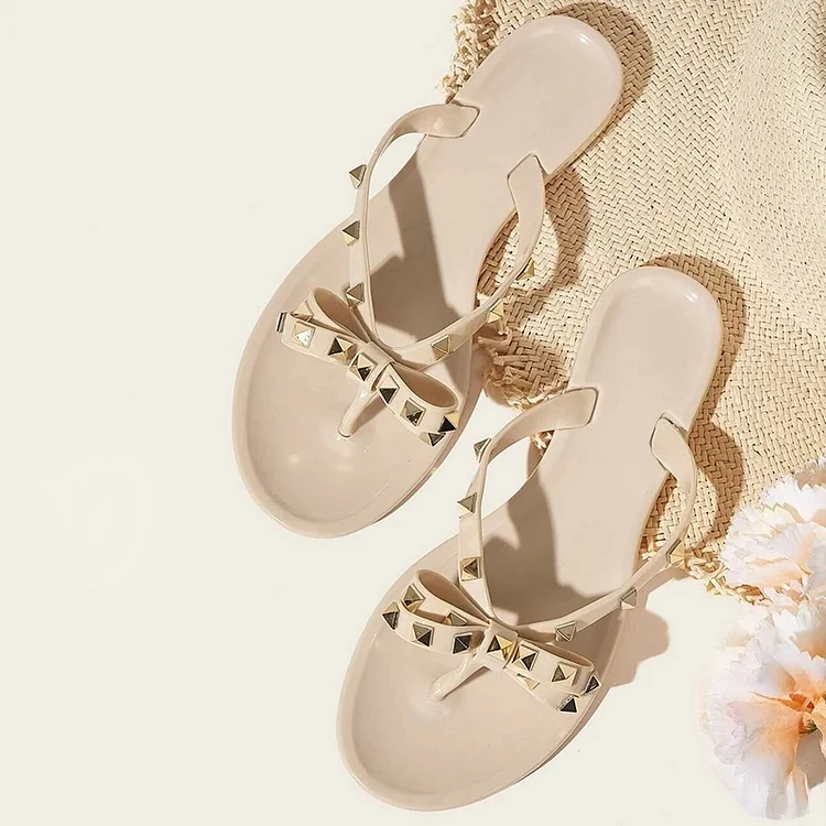 Nude Flat Thong Sandals With Studs |FSJ Shoes
