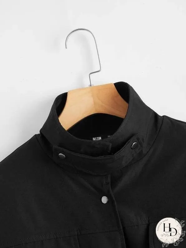 Drawstring Waist Flap Detail Coat for Women