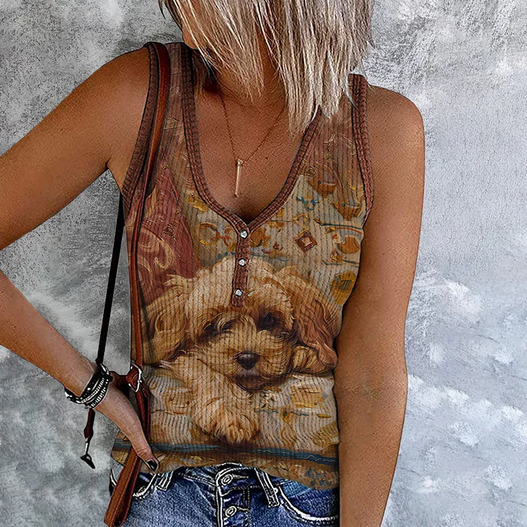 Vintage Cute Dog Print V-Neck Sleeveless Tank Top