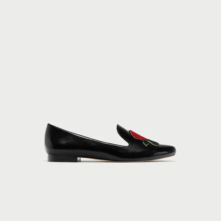 Black Embroidered Square Toe Flats Loafers Vdcoo