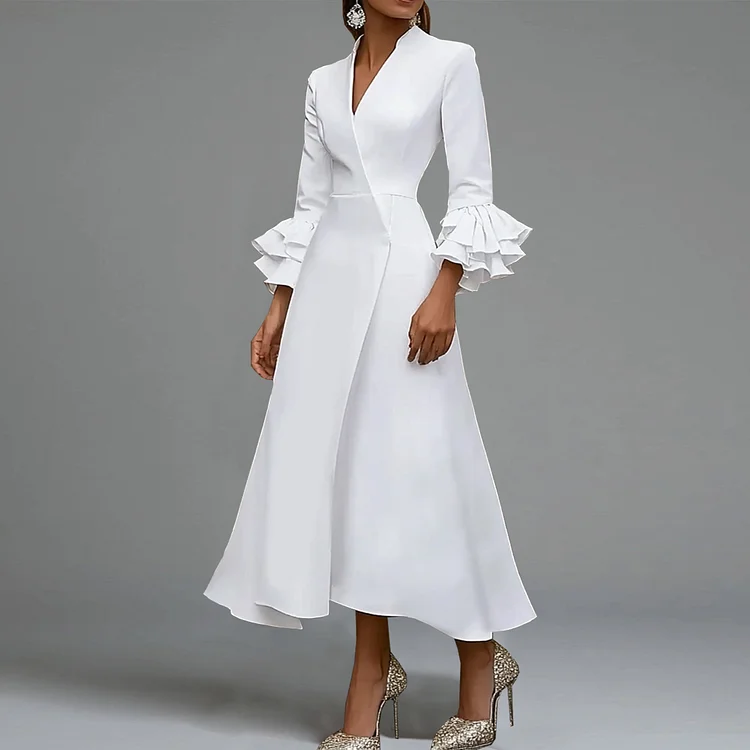 Formal Wrap V Neck Tiered Flare Sleeve Midi Dress